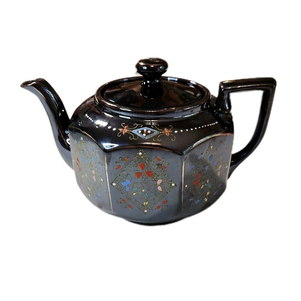 Vintage Japanese Teapot Brown Glazed Gold Trim Hand Painted 8 Sided Ceramic